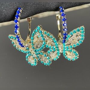 925 Sterling Silver stamped CZ Blue Turquoise Rhinestone Butterfly Earrings
